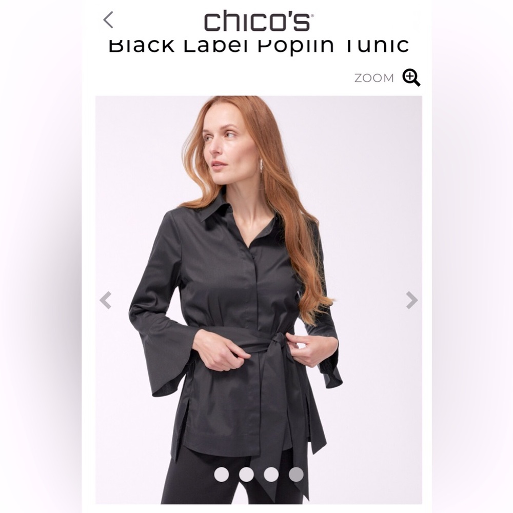 NWT Chicos Black label beautiful poplin tunic Black Size 10. Belt not included.